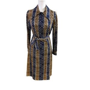 Vintage 70s Chevron Wave Belted Midi Shirt Dress Navy Tan